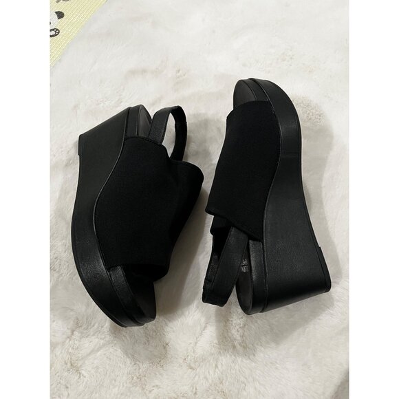 Eileen Fisher Black Peep Toe Slingback Platform Wedge Heels Size 8.5 - Picture 1 of 9